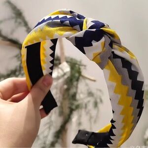 Yellow and Navy Silken Striped Headband with Topknot